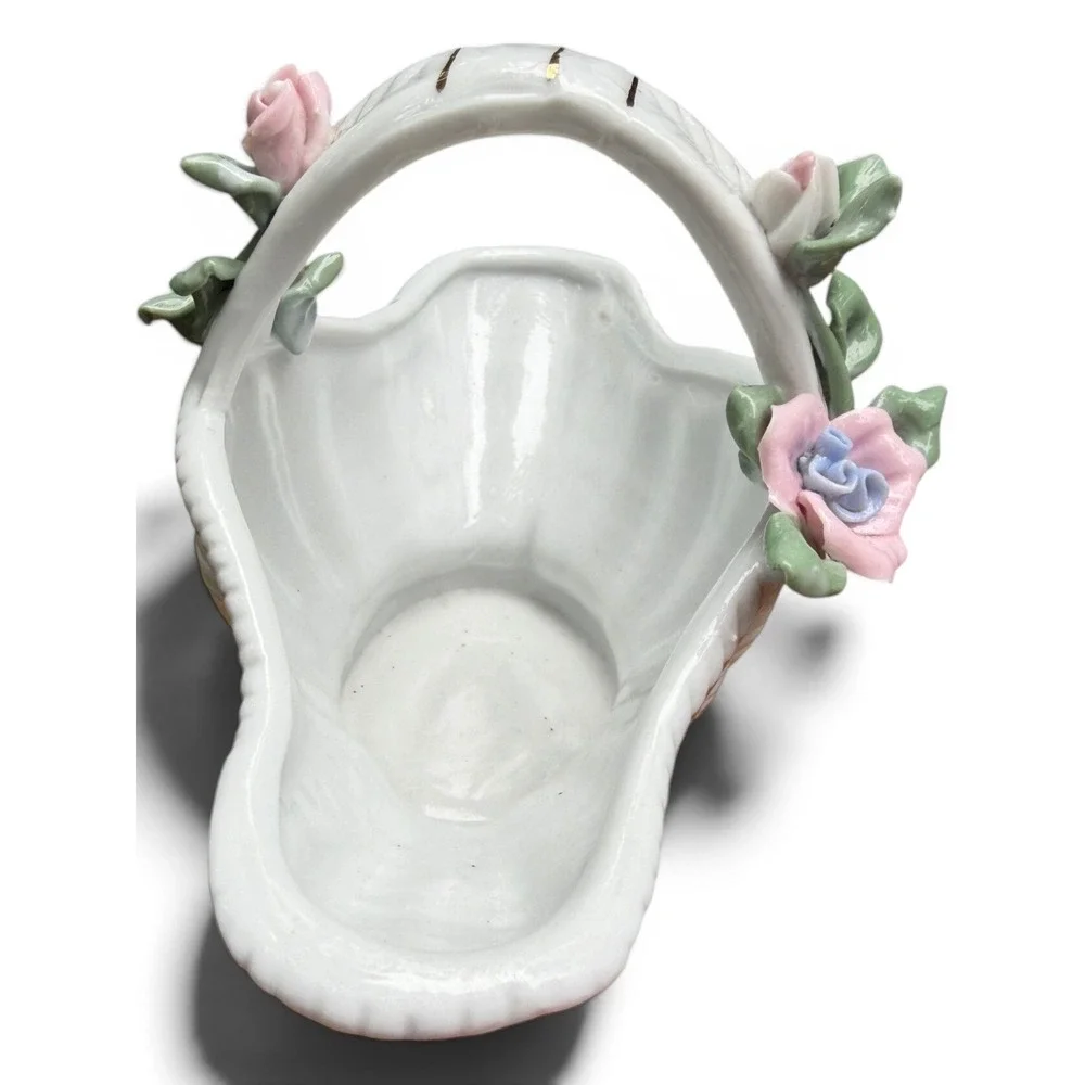 Vintage White Porcelain Basket w/ Applied Flowers | 1950s Ceramic Trinket Dish